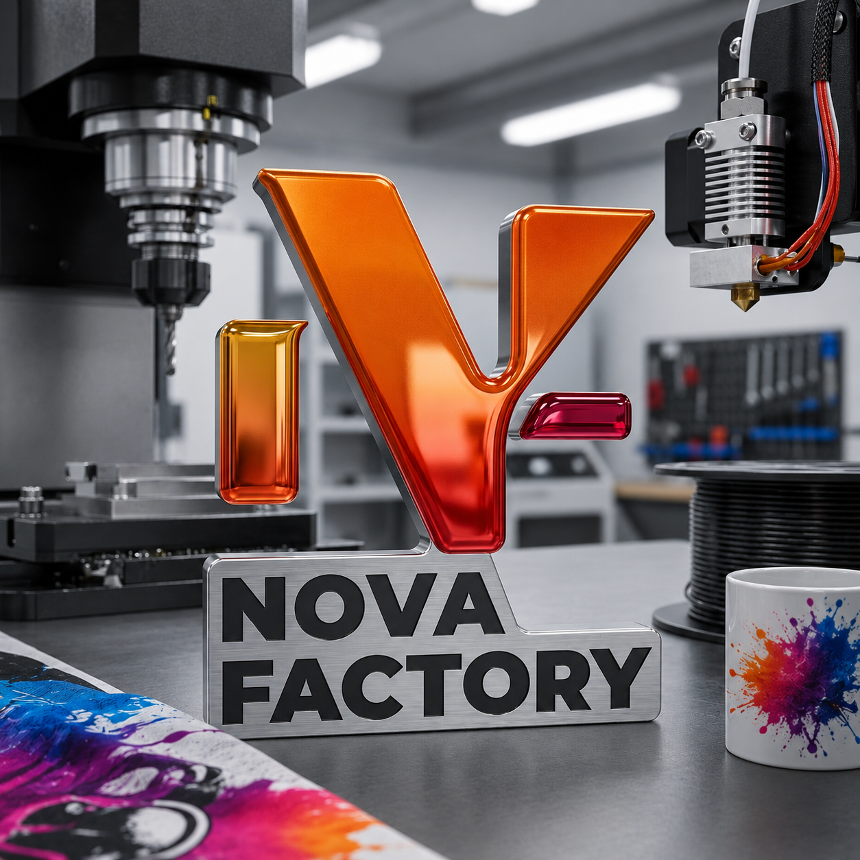 Logo Nova Factory sobre maquinaria de fabricación digital